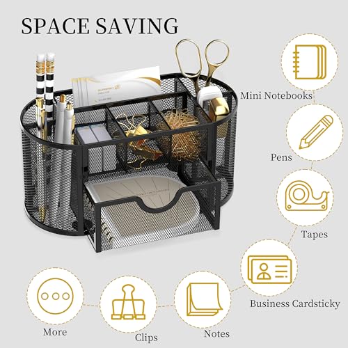 SUPEASY Mesh Desk Organizer, Desk Accessories & Workspace Organizers with Drawers, Pencil Holder for Desk with 9 Compartments for Office Supplies, 8.6 x 4.3 x 4.1 Inch, Black - Image 4