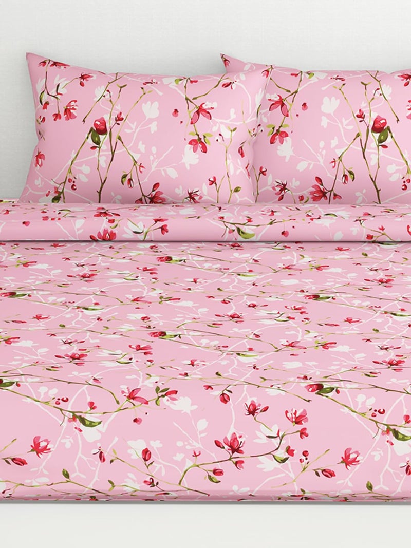 haus & kinder haus kinder Bedsheet for Double Bed Elastic Fitted Queen Size 186 TC 1 Fitted Bed Sheet for Double Size Bed 2 Pillow Covers 60 X 78 Inches 13 Inch Deep Pocket Summer Vinatge Romance Pink - Image 1