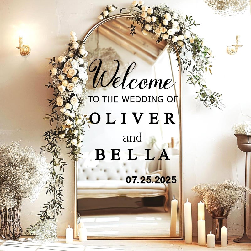 Haiddle Welcome to Our Wedding Signs Decals Customized Bride and Groom Names Mirror Decals Selfie Mirror Stickers for Wedding Party Date Personalized Marriage Decor DIY Lettering Wedding Welcome Vinyl Decals  - Image 2