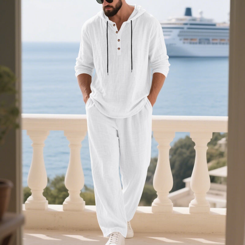 linen suit men's casualloose hooded long-sleeved shirt pants men's two-piece set