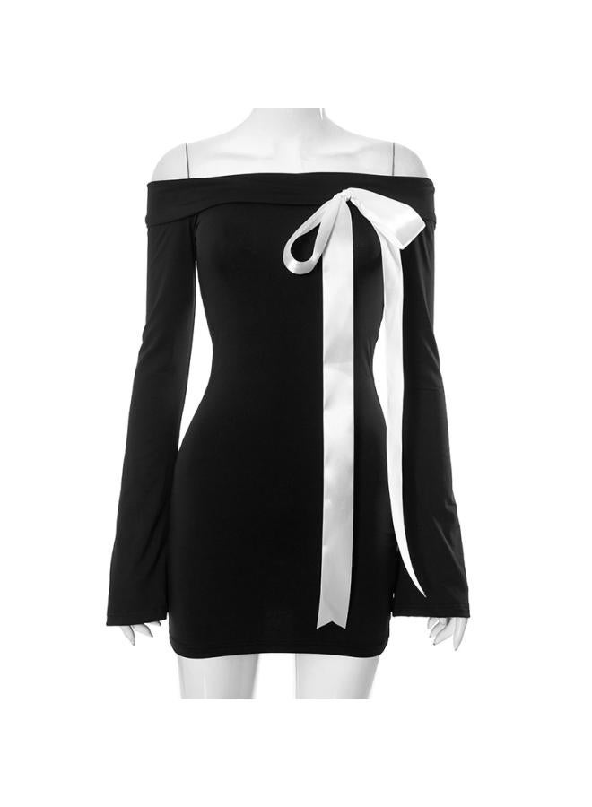 M23ds 64 European And American Style Women's Clothing Spring And Summer New Long Sleeve Off-shoulder Bow Bag Hip Hot Girl Dress
