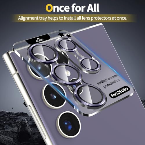 YWXTW Camera Lens Protector for Samsung Galaxy S24 Ultra Accessories, [3x Impact Resistance] Individual Metal Ring Tempered Glass Camera Screen Protector, Case Friendly, 1 Set (Titanium Violet) - Image 5