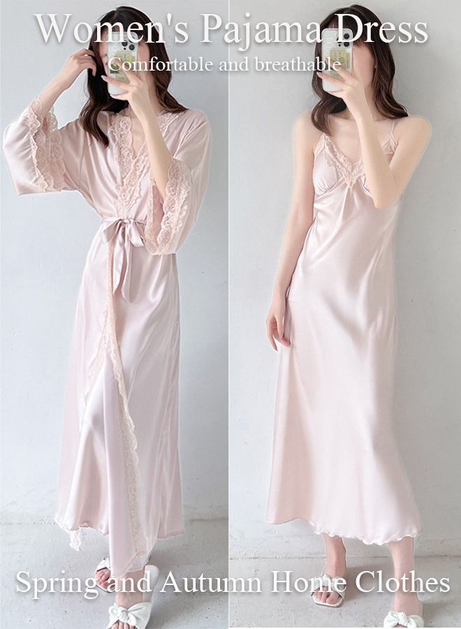 DUNISO 2PCS Women's Satin Nightgown with Robes Set Sweet Pajama Dress Ice Silk Sling Lace Nightdress Long Sleeve Robe Loungewear with Pad and Belt Female Soft Sleepwear Home Wear - Image 1