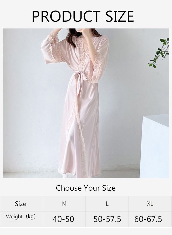 DUNISO 2PCS Women's Satin Nightgown with Robes Set Sweet Pajama Dress Ice Silk Sling Lace Nightdress Long Sleeve Robe Loungewear with Pad and Belt Female Soft Sleepwear Home Wear - Image 4