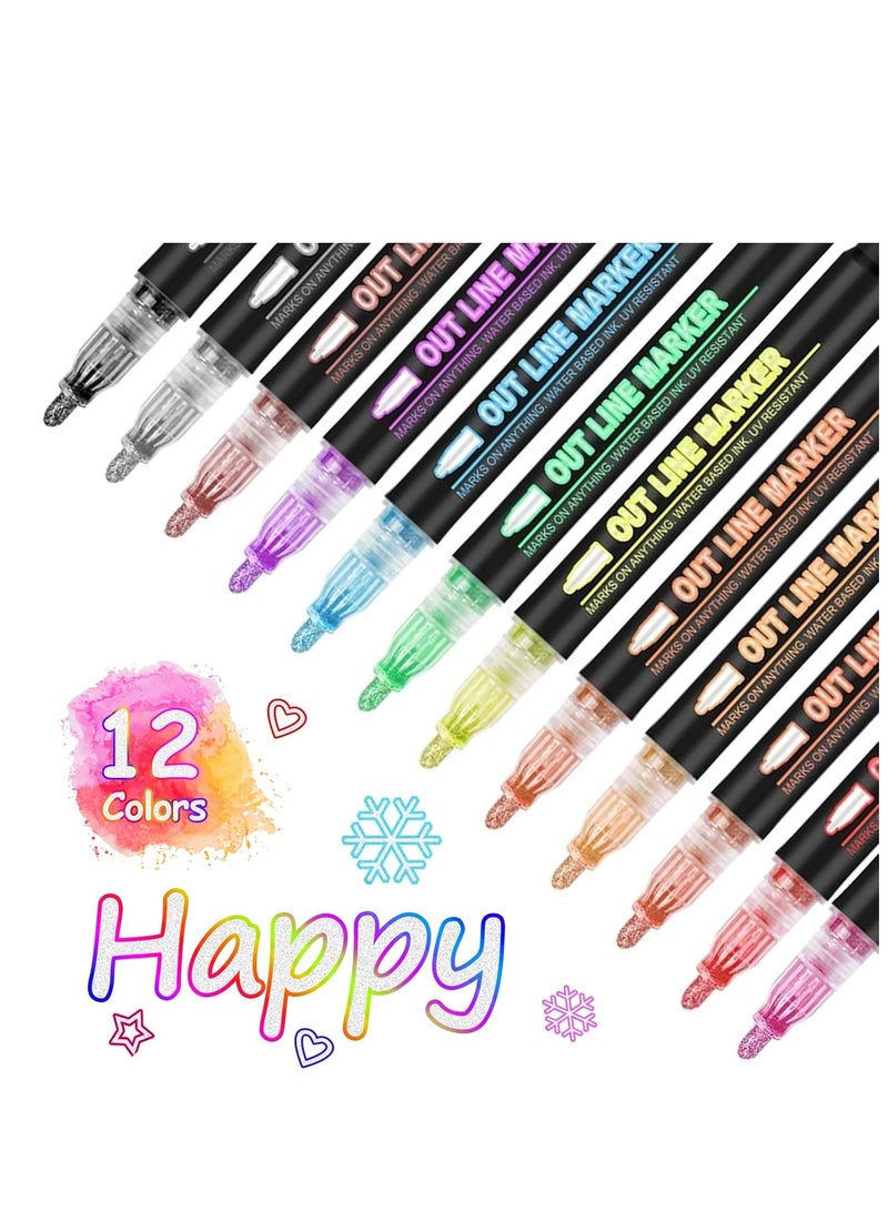 Generic Outline Markers, Double Line Pens, 12 Colors Super Squiggles Shimmer Marker Set, Self-Outline Metallic Markers Pens for Doodling, Drawing, Greeting Card Making, DIY Art Crafts  - Image 1