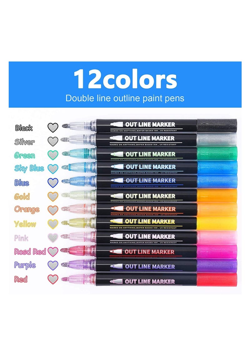 Generic Outline Markers, Double Line Pens, 12 Colors Super Squiggles Shimmer Marker Set, Self-Outline Metallic Markers Pens for Doodling, Drawing, Greeting Card Making, DIY Art Crafts  - Image 2