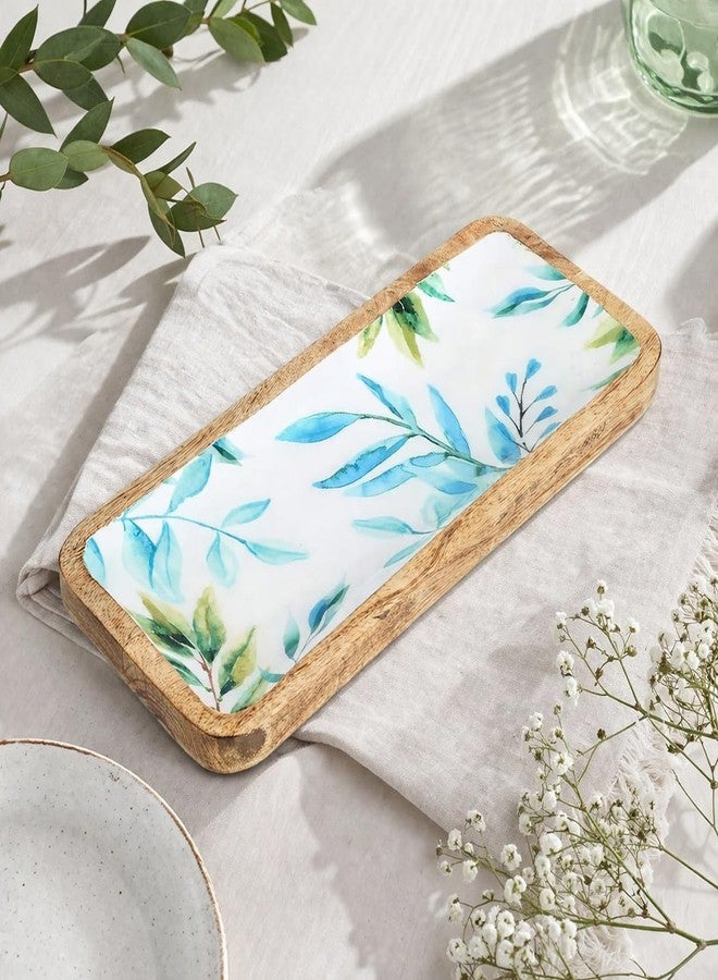 SAAGA Enamelled Print Mango Wood Serving Platter - 12 x 5 Inch Rectangular Wooden Tray | Ideal for Snacks, Fruits & Desserts - White & Aquamarine - Image 1