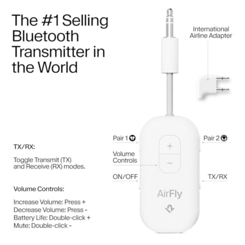 AirFly Pro 2 Deluxe Bluetooth Adapter for Airplane, Pair 2 AirPods or Wireless Headphones 3.5mm AUX Bluetooth Transmitter/Receiver for Cars, Boats, Treadmills, TVs Airplane Travel Essentials - Image 2