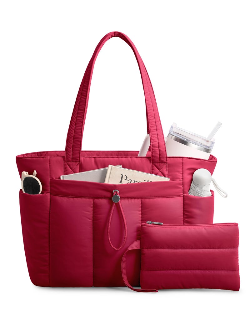 TOPDesign Puffy Tote Bag for Women with Cup Holder & Laptop Compartment & Cosmetic Bag & Trolley Sleeve for Work, Travel (M Red) - Image 1