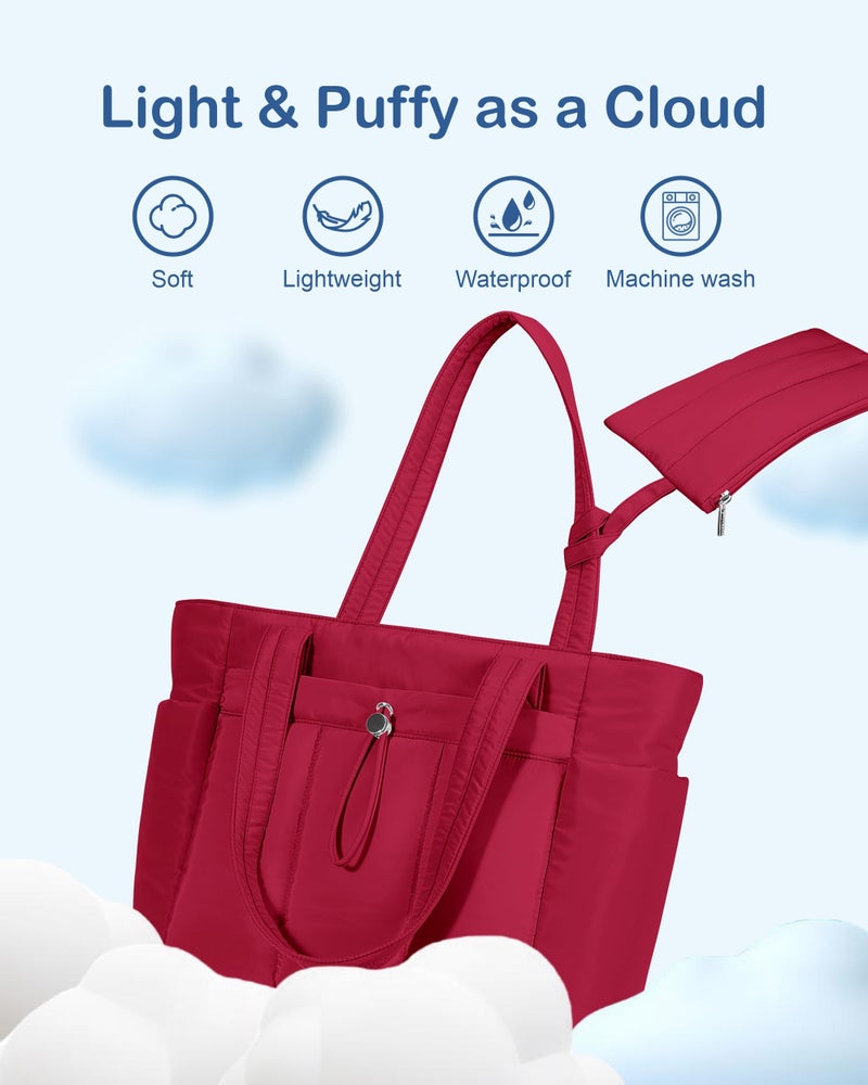 TOPDesign Puffy Tote Bag for Women with Cup Holder & Laptop Compartment & Cosmetic Bag & Trolley Sleeve for Work, Travel (M Red) - Image 4
