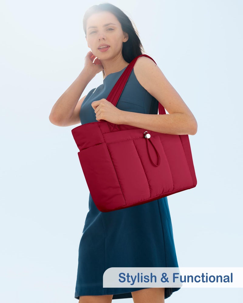 TOPDesign Puffy Tote Bag for Women with Cup Holder & Laptop Compartment & Cosmetic Bag & Trolley Sleeve for Work, Travel (M Red) - Image 3