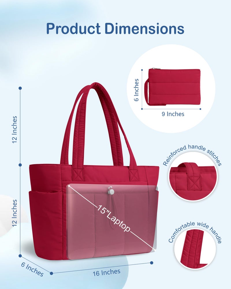 TOPDesign Puffy Tote Bag for Women with Cup Holder & Laptop Compartment & Cosmetic Bag & Trolley Sleeve for Work, Travel (M Red) - Image 5
