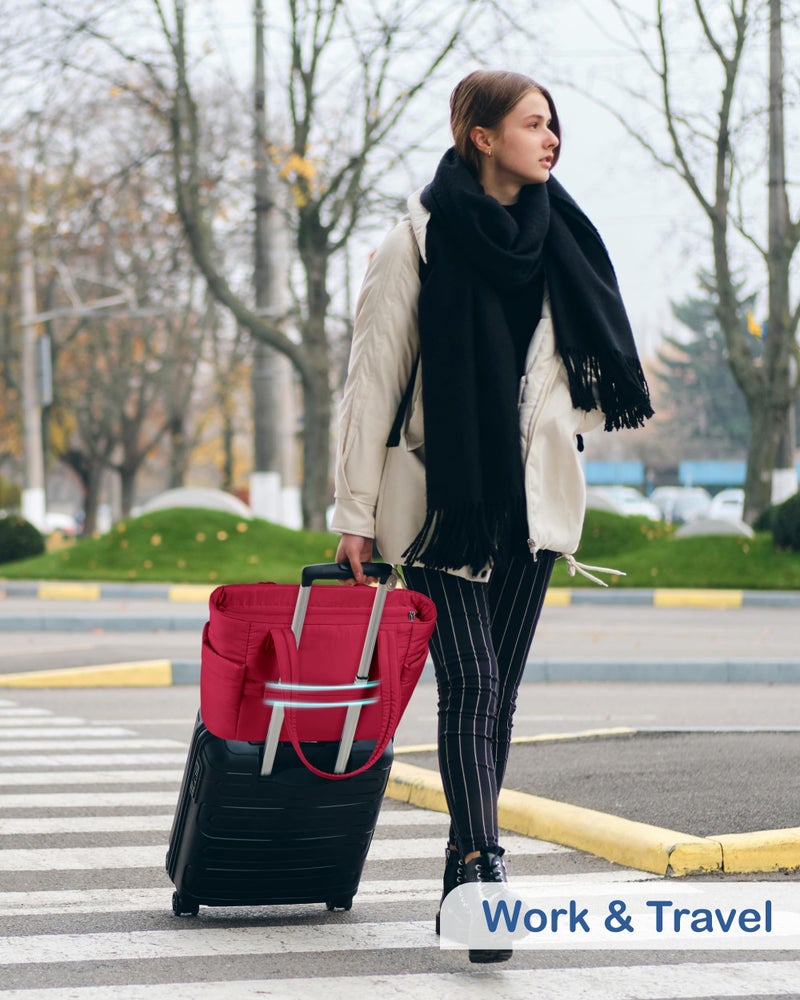 TOPDesign Puffy Tote Bag for Women with Cup Holder & Laptop Compartment & Cosmetic Bag & Trolley Sleeve for Work, Travel (M Red) - Image 2