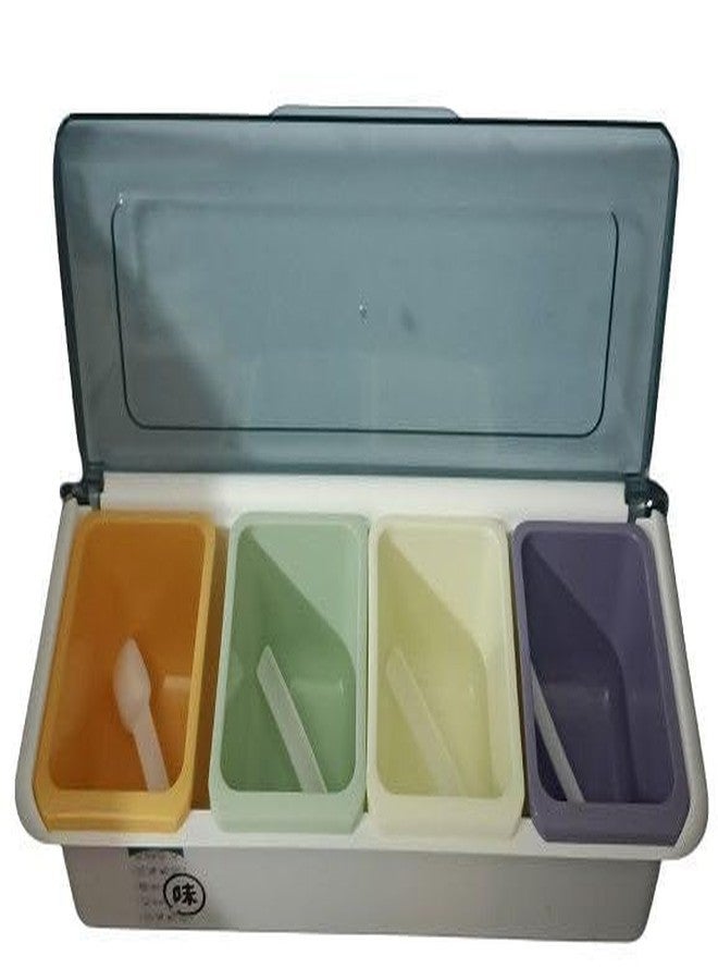 Mantavya Plastic Seasoning Spice Storage Box with Container, Masala Dabba Set For Kitchen, Home/4 Compartment Masala Dani Storage Rack with 4 Spoons See Through Lid - Image 1