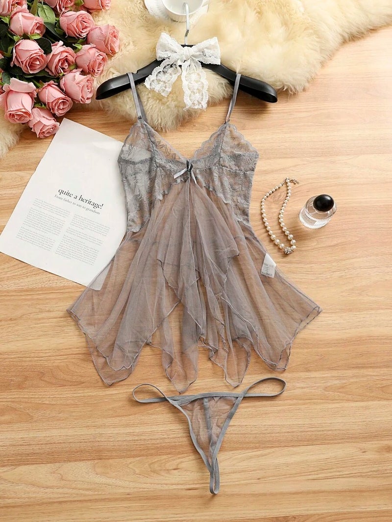 Shein 2pcs Sexy Sheer Mesh Camisole Nightgown Lingerie Set for Women - Image 1