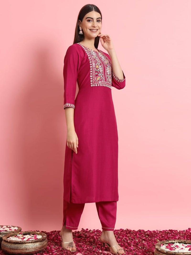 VredeVogel Women's Silk Blend Embroidered Kurta with Pant & Dupatta Set (Cherry-Red_Medium) - Image 4