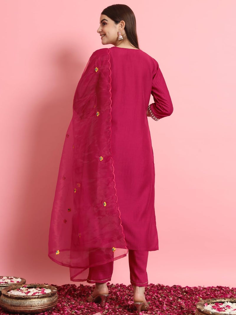 VredeVogel Women's Silk Blend Embroidered Kurta with Pant & Dupatta Set (Cherry-Red_Medium) - Image 5