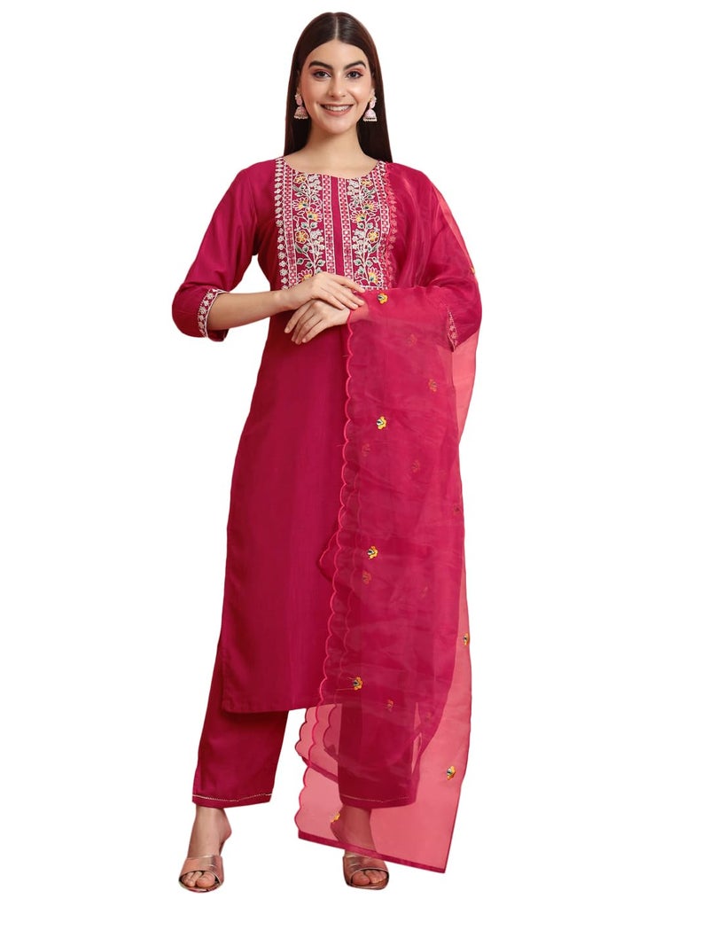 VredeVogel Women's Silk Blend Embroidered Kurta with Pant & Dupatta Set (Cherry-Red_Medium) - Image 1