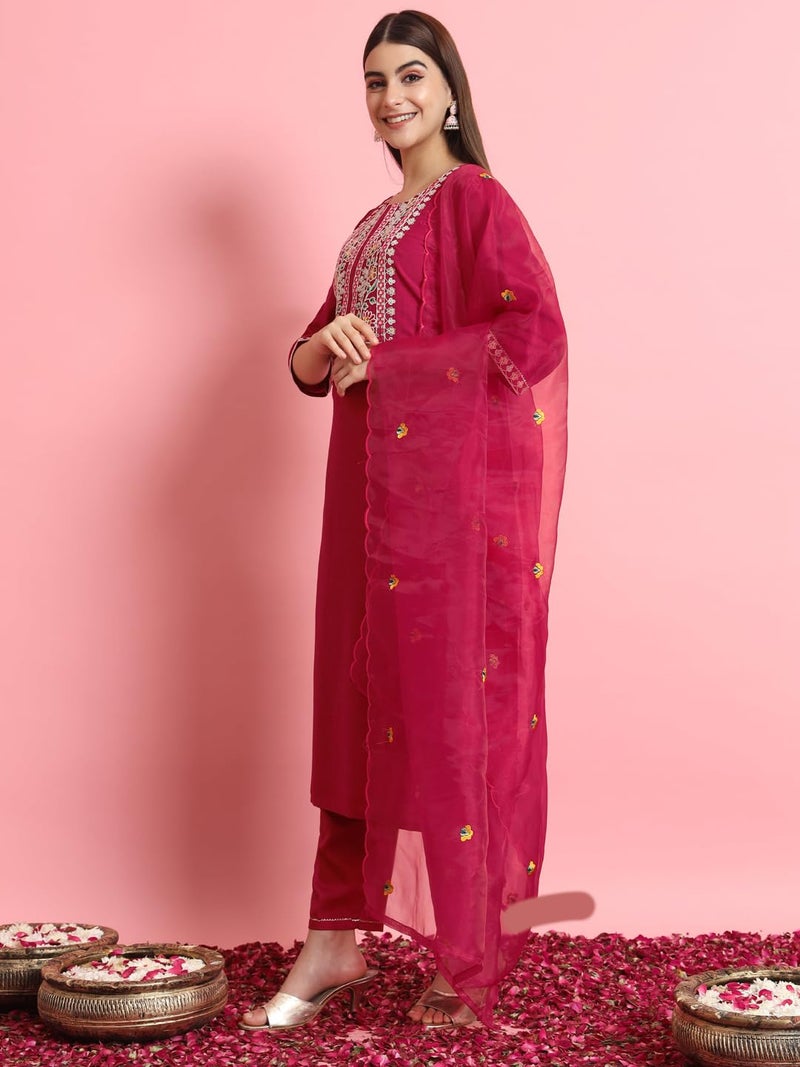 VredeVogel Women's Silk Blend Embroidered Kurta with Pant & Dupatta Set (Cherry-Red_Medium) - Image 2