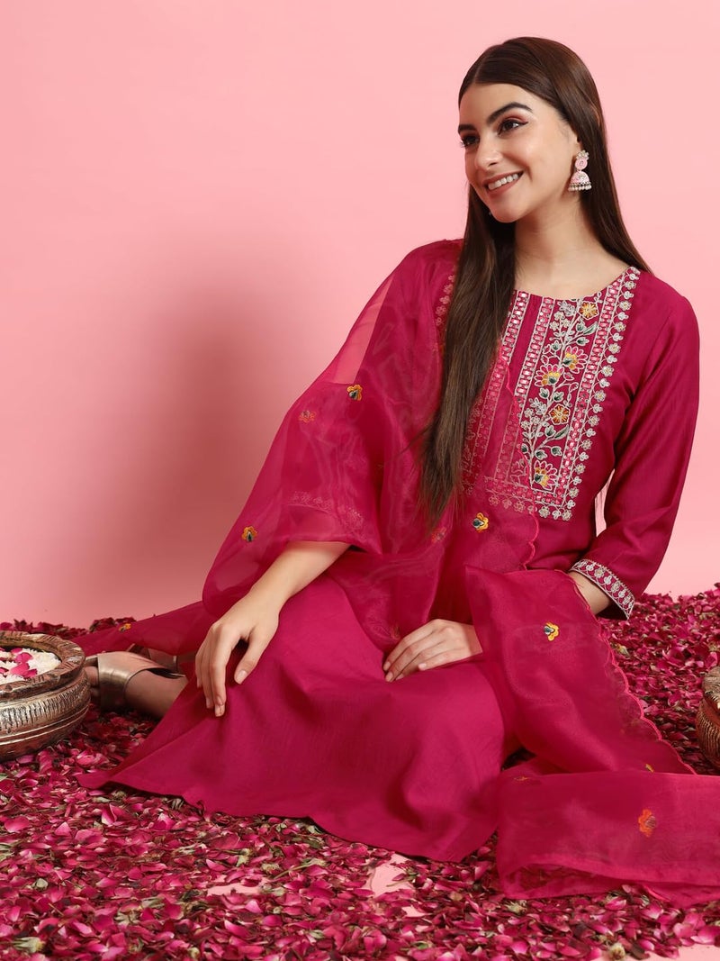 VredeVogel Women's Silk Blend Embroidered Kurta with Pant & Dupatta Set (Cherry-Red_Medium) - Image 3