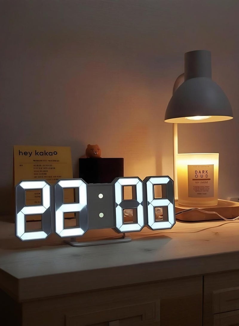 3D الجدار شنقا المنبه الرقمي الأبيض على مدار الساعة الرقمية ، السطوع التلقائي قابل للتعديل ، 12 / 24 ساعة / تاريخ عرض درجة الحرارة ، ديكور المنزل الحديثة الكهربائية ضوء الليل المنبه - Image 1