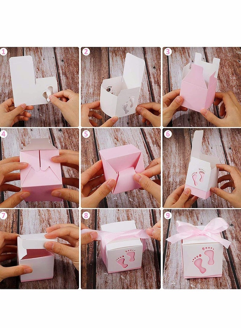 KASTWAVE Candy Favour Gift Boxes, Ribbon Candy Gift Box, 25 Pieces Baby Candy Boxes, Baby Footprints Candy Boxes, for Baby Showers, Kids Birthday, Wedding Party, Party (Pink) - Image 4
