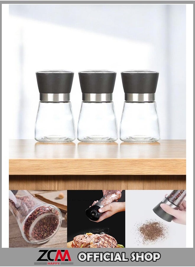 ZCM-HAPPY Set of 3-Piece Short Manual Glass Mill Grinding Bottle for Pepper and Sea Salt (13.5x6.5 cm)  - Image 1