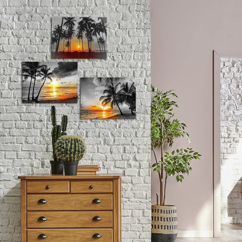 RnnJoile 3 Panel Black and White Beach Canvas Wall Art Gold Palm Tree Sunset at Tropical Seaside Painting Pictures Framed Hawaii Theme Print Artwork for Home Office Decor 12"x16" - Image 4