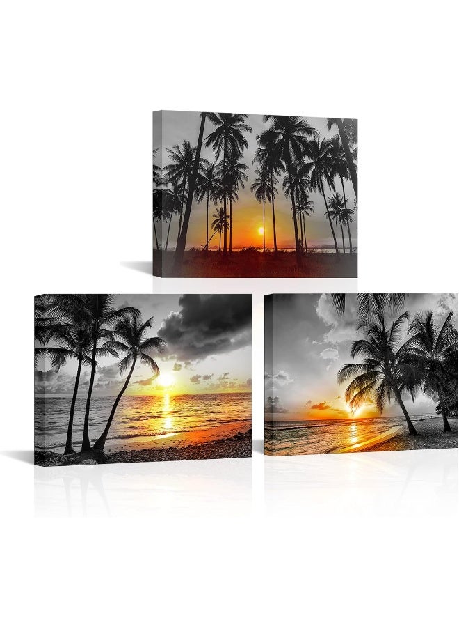 RnnJoile 3 Panel Black and White Beach Canvas Wall Art Gold Palm Tree Sunset at Tropical Seaside Painting Pictures Framed Hawaii Theme Print Artwork for Home Office Decor 12"x16" - Image 1