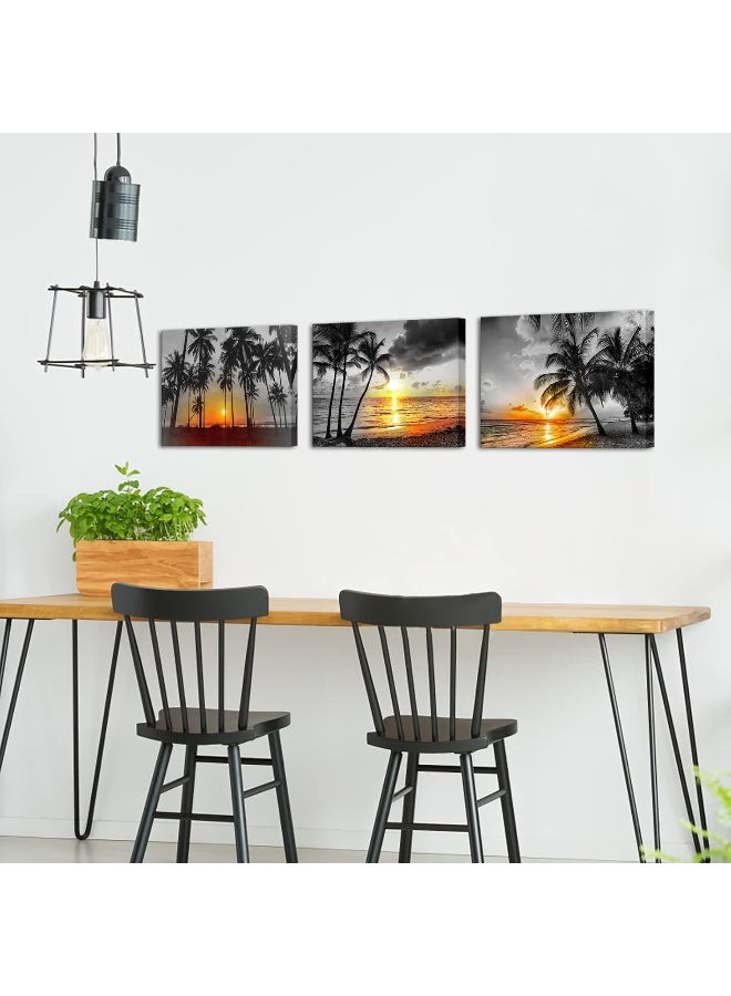 RnnJoile 3 Panel Black and White Beach Canvas Wall Art Gold Palm Tree Sunset at Tropical Seaside Painting Pictures Framed Hawaii Theme Print Artwork for Home Office Decor 12"x16" - Image 2