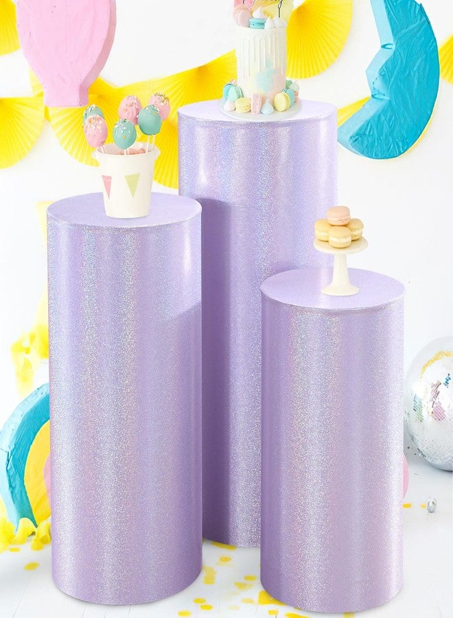 QueenDream Cylinder Pedestal Stand Covers for Party 3Pcs Lavender Spandex Cylinder Plinth Display Box Stand Cover for Wedding Graduation Ceremony Decor - Image 1
