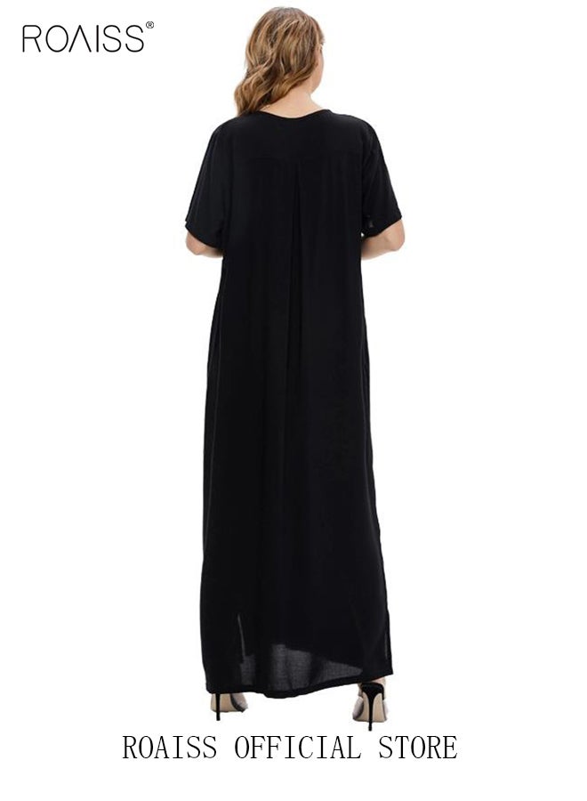 roaiss Women's T-Shirt Dress Long Robe Casual Traditional Ethnic Dress Loose Short Sleeve V Neck  Batwing Sleeve Floral Printing Ladies Dresses for Spring Summer Daily Wear  - Image 5