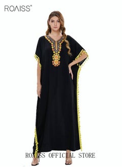 roaiss Women's T-Shirt Dress Long Robe Casual Traditional Ethnic Dress Loose Short Sleeve V Neck  Batwing Sleeve Floral Printing Ladies Dresses for Spring Summer Daily Wear  - Image 2