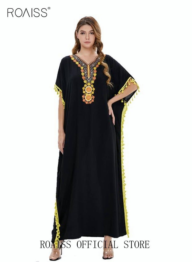 roaiss Women's T-Shirt Dress Long Robe Casual Traditional Ethnic Dress Loose Short Sleeve V Neck  Batwing Sleeve Floral Printing Ladies Dresses for Spring Summer Daily Wear  - Image 2