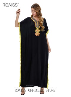 roaiss Women's T-Shirt Dress Long Robe Casual Traditional Ethnic Dress Loose Short Sleeve V Neck  Batwing Sleeve Floral Printing Ladies Dresses for Spring Summer Daily Wear  - Image 3