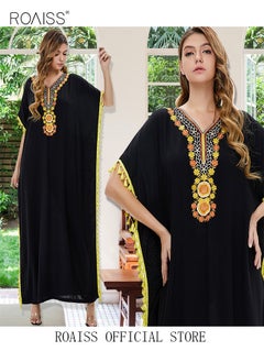 roaiss Women's T-Shirt Dress Long Robe Casual Traditional Ethnic Dress Loose Short Sleeve V Neck  Batwing Sleeve Floral Printing Ladies Dresses for Spring Summer Daily Wear  - Image 1