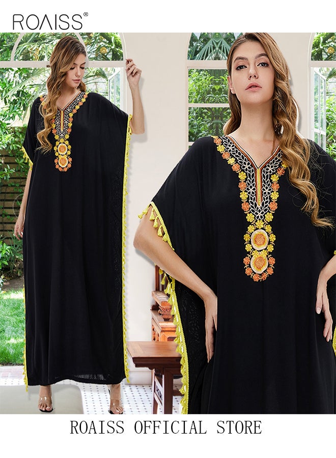 roaiss Women's T-Shirt Dress Long Robe Casual Traditional Ethnic Dress Loose Short Sleeve V Neck  Batwing Sleeve Floral Printing Ladies Dresses for Spring Summer Daily Wear  - Image 1