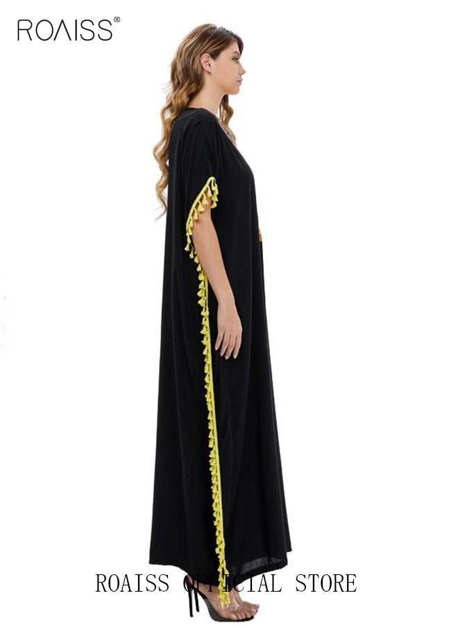 roaiss Women's T-Shirt Dress Long Robe Casual Traditional Ethnic Dress Loose Short Sleeve V Neck  Batwing Sleeve Floral Printing Ladies Dresses for Spring Summer Daily Wear - Image 5