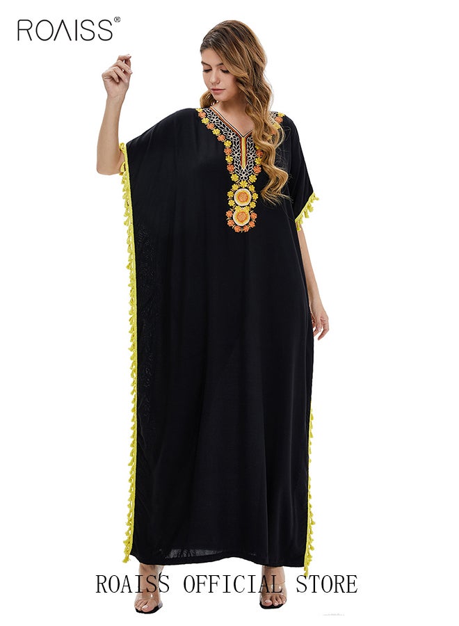 roaiss Women's T-Shirt Dress Long Robe Casual Traditional Ethnic Dress Loose Short Sleeve V Neck  Batwing Sleeve Floral Printing Ladies Dresses for Spring Summer Daily Wear - Image 4