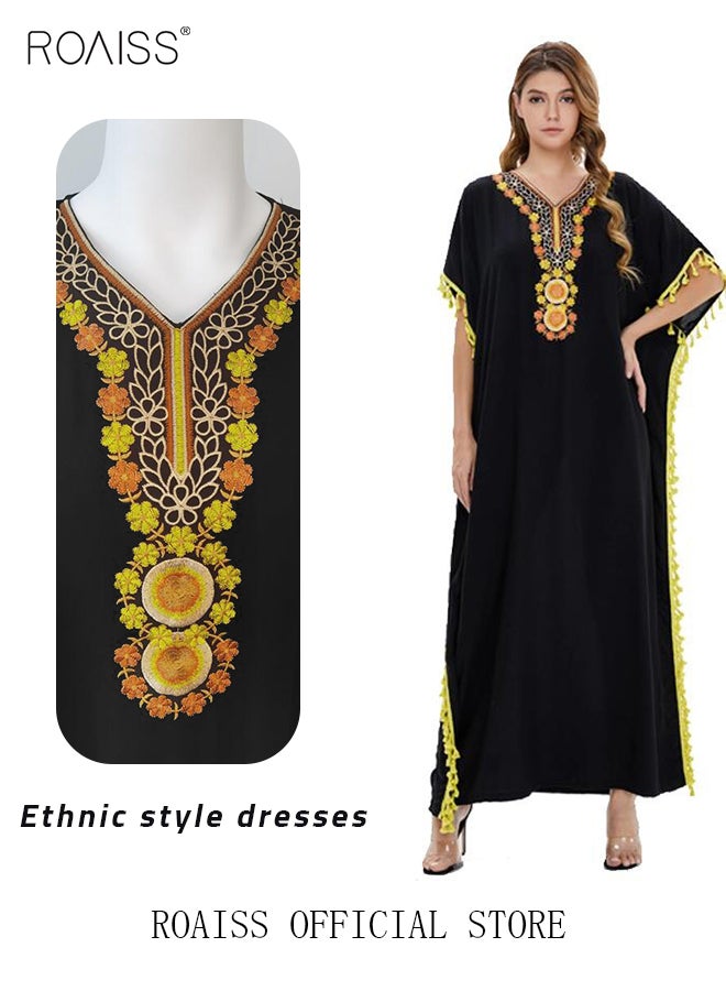 roaiss Women's T-Shirt Dress Long Robe Casual Traditional Ethnic Dress Loose Short Sleeve V Neck  Batwing Sleeve Floral Printing Ladies Dresses for Spring Summer Daily Wear - Image 1