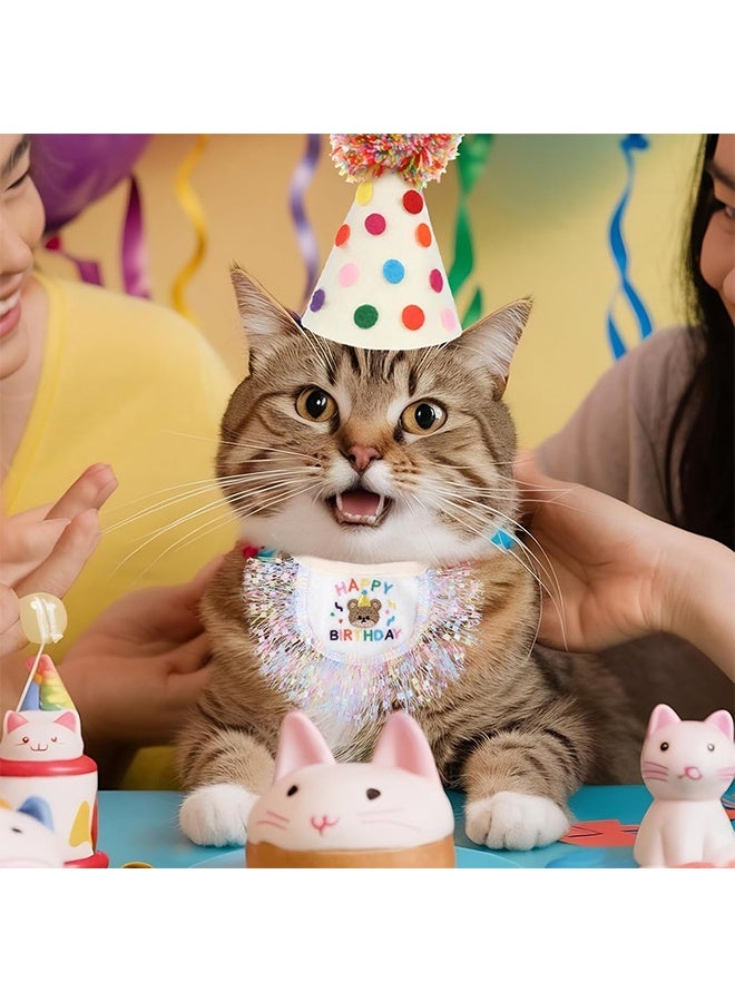 Cat Birthday Hat and Bandana Scarf Set Cute Lace Puppy Bib Scarf Party Decorations for Small Medium Cats Dogs Birthday Outfit with Happy Birthday Pattern Adjustable Neck Girth for 3-10kg Pet(S Size) - Image 2