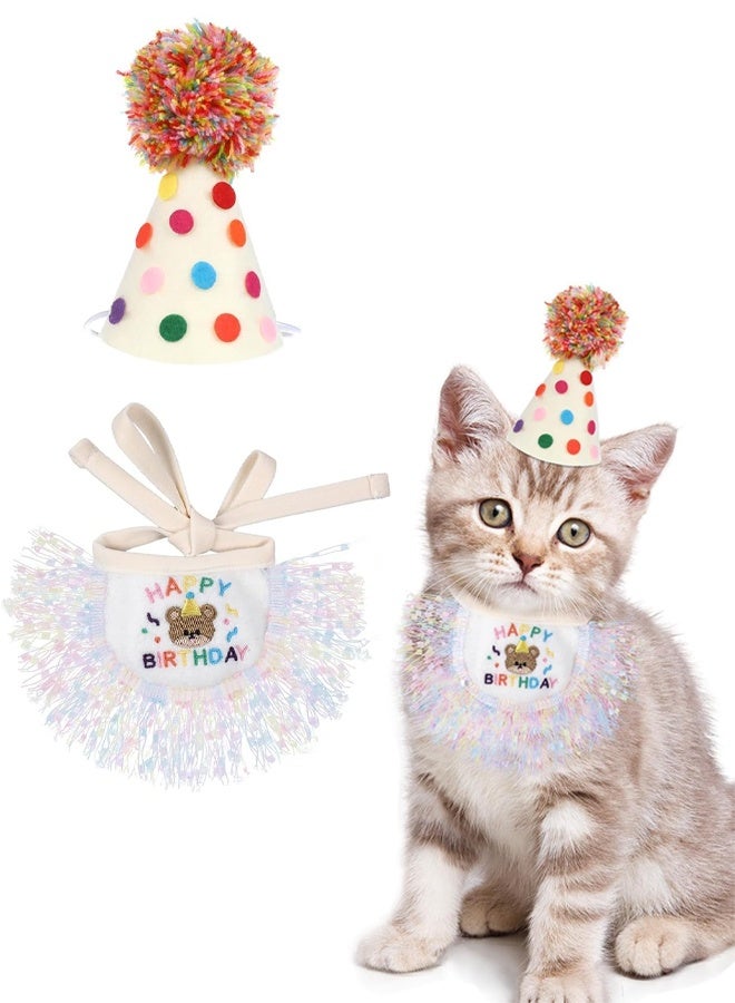 Cat Birthday Hat and Bandana Scarf Set Cute Lace Puppy Bib Scarf Party Decorations for Small Medium Cats Dogs Birthday Outfit with Happy Birthday Pattern Adjustable Neck Girth for 3-10kg Pet(S Size) - Image 1