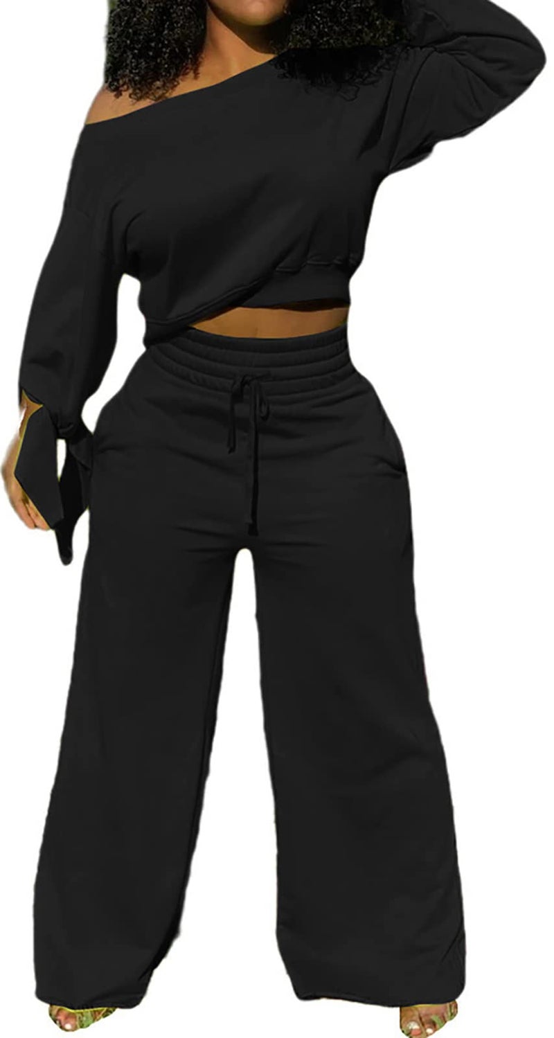 sexycherry Casual Black 2 Piece Sets Sweatsuits for Women Long Sleeve One Off Shoulder Long Pants Wide Leg Loose Oufits Joggers with Pockets (Medium) - Image 2