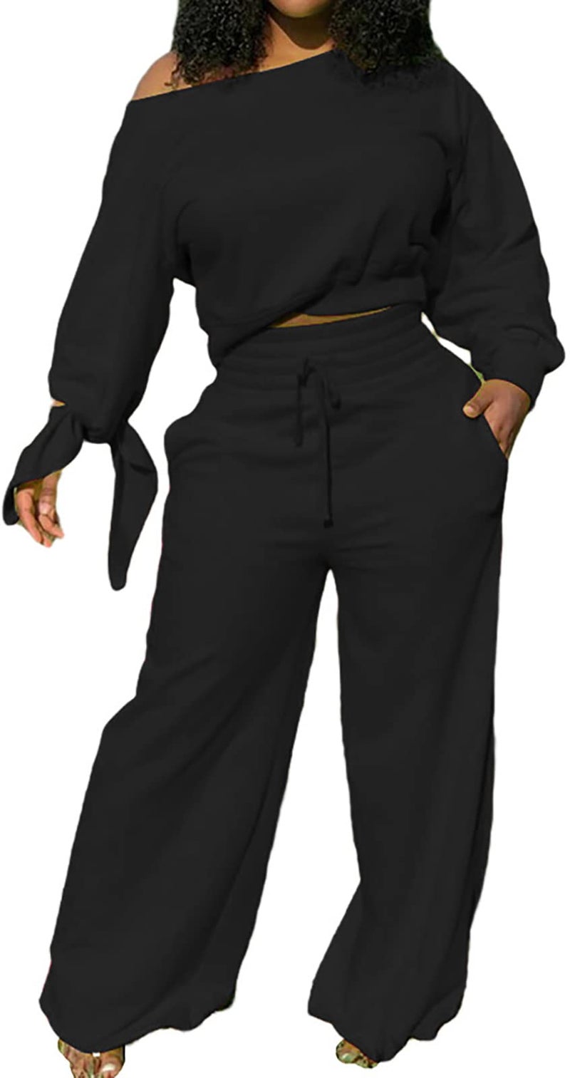 sexycherry Casual Black 2 Piece Sets Sweatsuits for Women Long Sleeve One Off Shoulder Long Pants Wide Leg Loose Oufits Joggers with Pockets (Medium) - Image 1