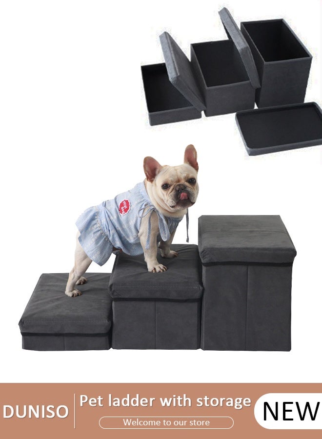 DUNISO Folding Pet Stairs 3 Steps Foldable Dogs Stair for High beds Pet Storage Stepper Pet Steps for Older Dogs Cats Puppies Injured Dogs Small Dogs (Grey) - Image 1