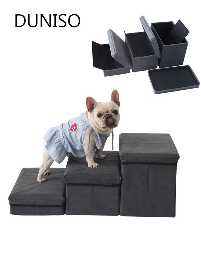 DUNISO - Folding Pet Stairs 3 Steps Foldable Dogs Stair for High beds Pet Storage Stepper Pet Steps for Older Dogs Cats Puppies Injured Dogs Small Dogs (Grey) - Image 1