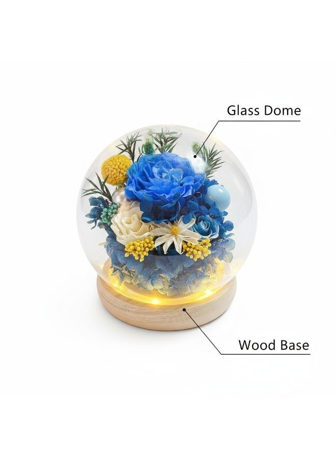 باقة زهور محفوظة يدوياً - وردة زرقاء (مصنوعة من زهور طازجة، تدوم نضارتها من 3 إلى 5 سنوات) | قاعدة خشبية مزودة بمفتاح تشغيل/إيقاف | هدية مثالية للمناسبات الخاصة - Image 3