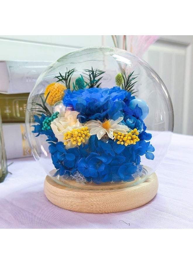 باقة زهور محفوظة يدوياً - وردة زرقاء (مصنوعة من زهور طازجة، تدوم نضارتها من 3 إلى 5 سنوات) | قاعدة خشبية مزودة بمفتاح تشغيل/إيقاف | هدية مثالية للمناسبات الخاصة - Image 4