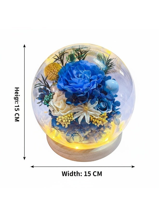 ورد أزرق محفّظة مصنوعة يدويًا – طول عمر طازجة 3-5 سنوات، قاعدة خشبية بفاصل تشغيل | هدية عيدية - Image 2