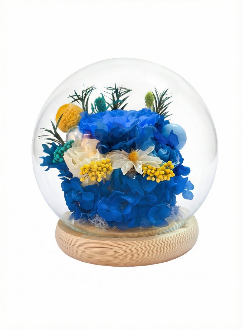 ورد أزرق محفّظة مصنوعة يدويًا – طول عمر طازجة 3-5 سنوات، قاعدة خشبية بفاصل تشغيل | هدية عيدية - Image 4